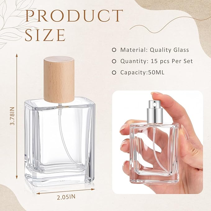 Domensi 15 Pcs 10/15/30/50 ml Glass Perfume Bottles Mini Glass Empty Spray Atomizer Bottles Bulk Refillable Perfume Dispenser Container with Pump Tool for Travel Skin Care (50 ml,Light Woddy Color)