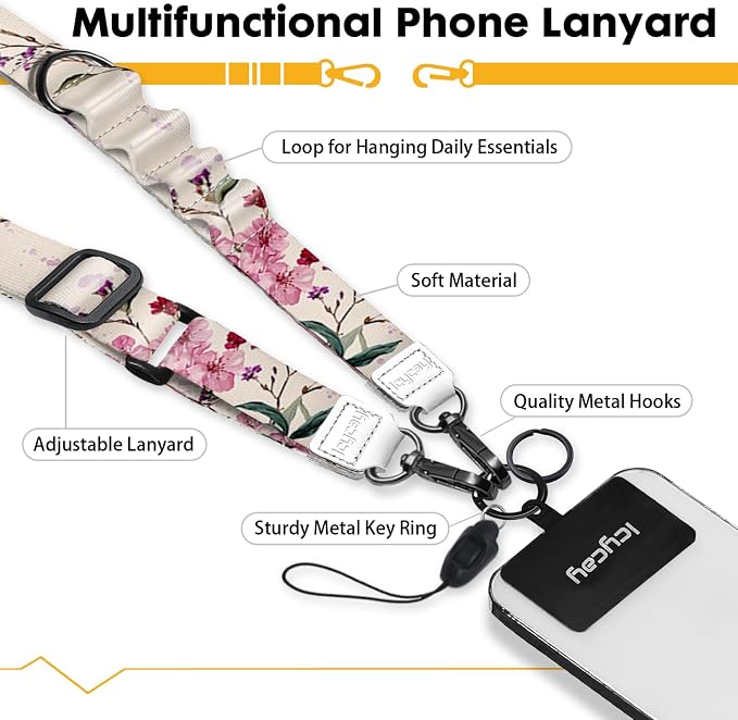 Icycay Phone Lanyard Crossbody, Bloom Floral Cell Phone Strap for Around The Neck Adjustable, Flower Teacher Anti Theft Cute Lanyard for ID Holder Keys Accessories Travel Essential Women