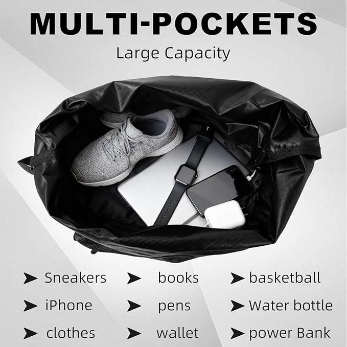 Tygelluis Drawstring Backpack, Waterproof Gym Bag with Water Bottle Pocket for Women Men, Pull String Sport Bag for Swim, Soccer and Basketball,Black