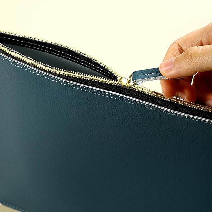 PU Leather A4 File Folder Zipper Document Holder Envelope Folder Case for Receipt Contract (Haze Blue)