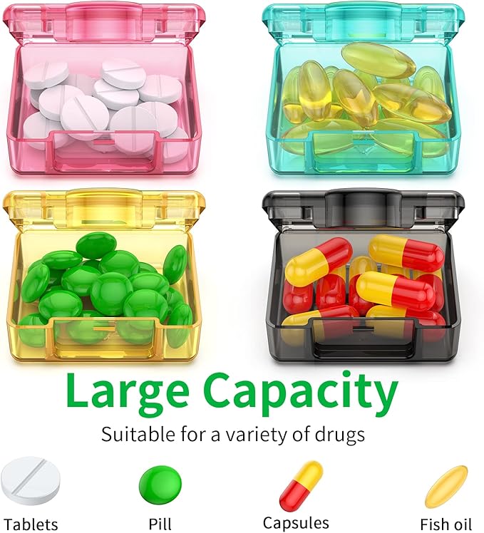 TecQach Small Pill Box 4 pcs,Cute Travel Pill Organizer Case Mini Tiny Clear Plastic Storage Containers Portable for Pocket Purse