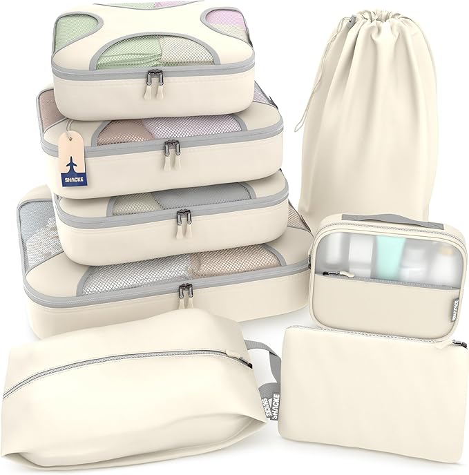 Shacke 8 Set Packing Cubes for Travel – Complete Luggage Organizer Set with Laundry, Shoe, Toiletry & Accessories Bag, Suitcase Travel Organizer (Sand)