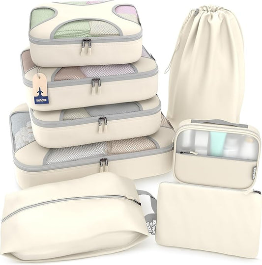 Shacke 8 Set Packing Cubes for Travel – Complete Luggage Organizer Set with Laundry, Shoe, Toiletry & Accessories Bag, Suitcase Travel Organizer (Sand)