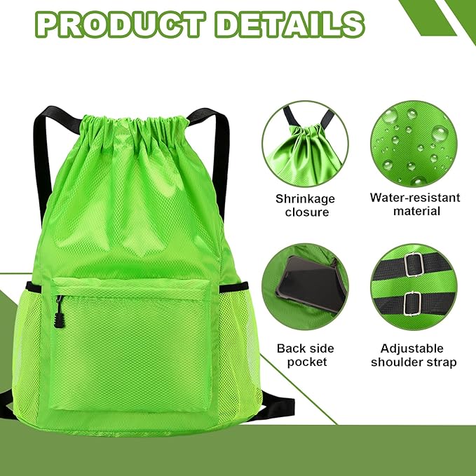 Tygelluis Drawstring Backpack, Waterproof Gym Bag with Water Bottle Pocket for Women Men, Pull String Sport Bag for Swim, Soccer and Basketball,Green