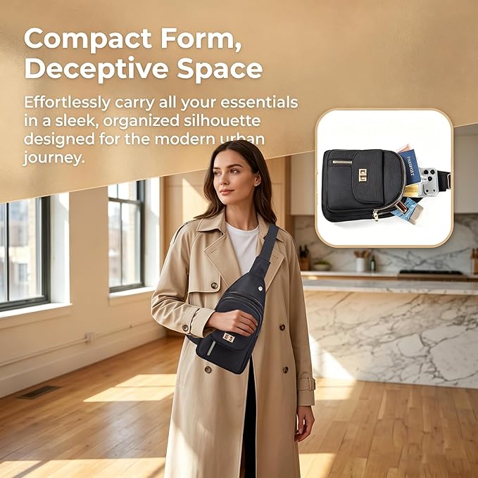 Sling Bag Small Compact Crossbody Bags for Women Anti-Theft Multiple Pockets Waterproof Fanny Pack for Travel Hiking Daily Black
