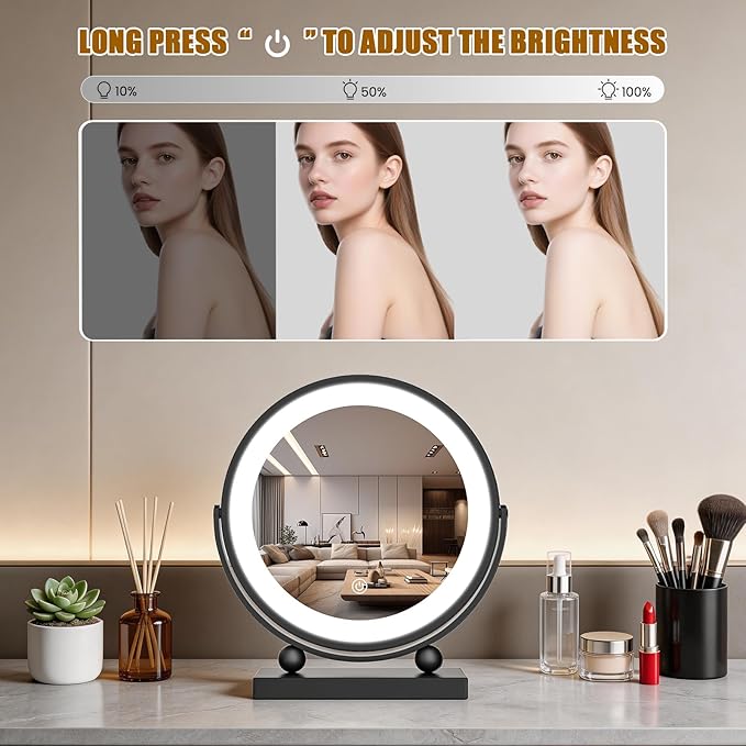 Travel Makeup Mirror, 9" Small Vanity Mirror with Lights, 1500mAH Battery, 3-Color Lighting, Dimmable, 360° Rotation, Round Portable Desk Mirror, Travel Essentials (Black)