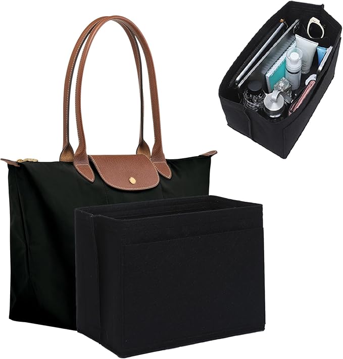 Fit Longchamp Organizer Insert, Zipper Long Champ Le Pliage Bag Organizer Insert with Cup Holder, 9 Compartments, Large, Black