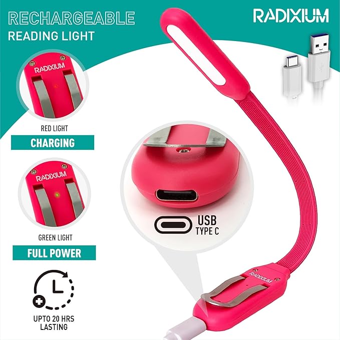 Rechargeable Book Light for Reading in Bed, 4 Color Temperatures Eye-Caring LED, Portable Clip On Reading Light with Magnetic Base, Hands-Free for Travel, Night Reading (red)