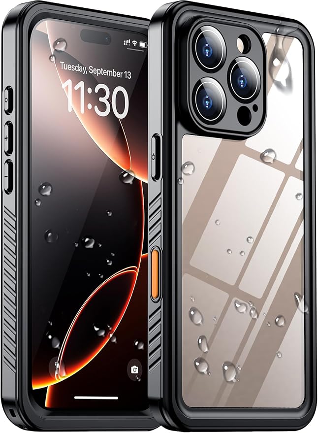 Compatible with iPhone 16 Pro Max Case Waterproof, Built-in Screen & Camera Protector IP68 Underwater Full Body 16FT Military Dropproof Shockproof Phone Case 6.9"-Black/Clear