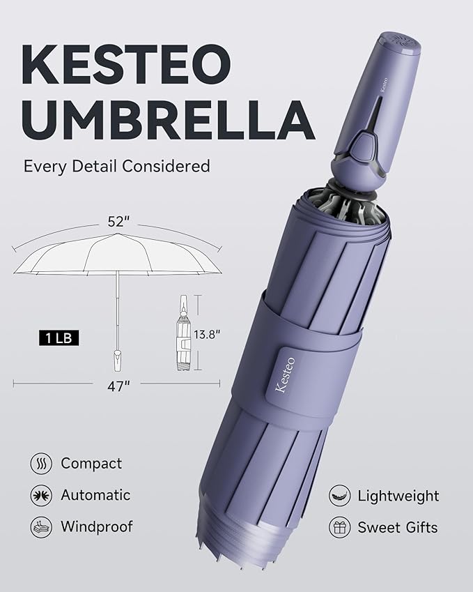 Windproof Travel Umbrella for Rain, Withstand 85MPH Winds, 52 Inch Automatic Reverse Fold Umbrellas Easy Auto Open Close, Portable Compact Umbrella Includes Cover Bag, Perfect for Travel, Car, Commute, Women Men, Backpack