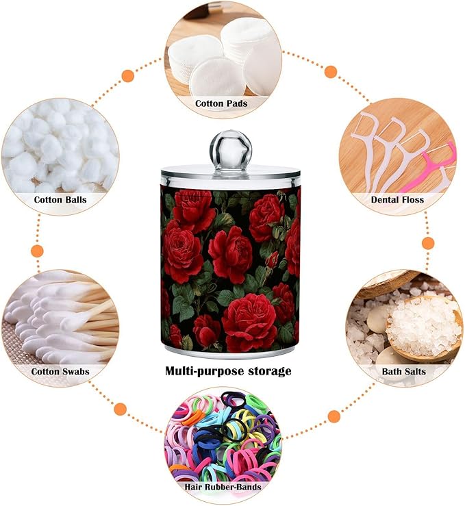 Gredecor Qtip Holder Dispenser 2 Pack Red Rose Flowers Leaves Bathroom Decorative Storage Canister Holder Counter Vanity Organizer for Cotton Ball Swabs Pads Floss