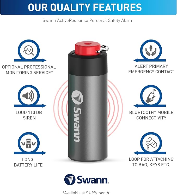 Swann ActiveResponse Mobile Personal Safety Alarm - 110dB Loud Emergency Siren with SMS Alerts & Mobile Connectivity, Long Battery Life, Smart SOS Safety Alarm, Key Chain, MPRS