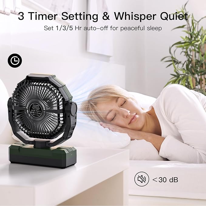 FRIZCOL 3-in-1 Camping Fan - Portable Fans Rechargeable - 48000mAh Battery Powered Fan with Light & Remote for Indoor, Outdoor, Tent, Travel, Fishing, Jobsite, Gifts for Men Dad Him - Green