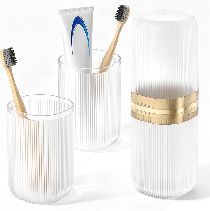 Quatish 2-in-1 Toothbrush Travel Case, Portable Toothbrush Holder with 4 Rinse Cups, Large-Capacity Storage for Toothbrush & Toothpaste, Ideal for Travel, Home, Camping, Gym, Business Trip (Clear)