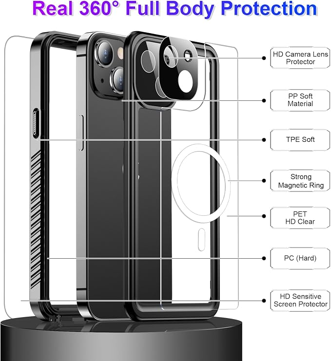 Compatible with iPhone 13 Case Waterproof, Built-in Screen & Camera Protector IP68 Underwater Full Body 13FT Military Dropproof Shockproof Phone Case 6.1"-Black/Clear-Mag