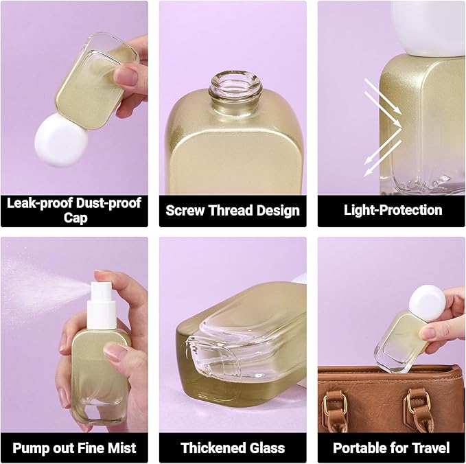 Segbeauty 1oz Fine Mist Glass Spray Bottles Empty for Travel, 2pcs Square Gold Perfume Refillable Travel Size Spray Bottle with Round Cap, 30ml Perfume Atomizer Sprayer, Small Liquid Containers Bottle