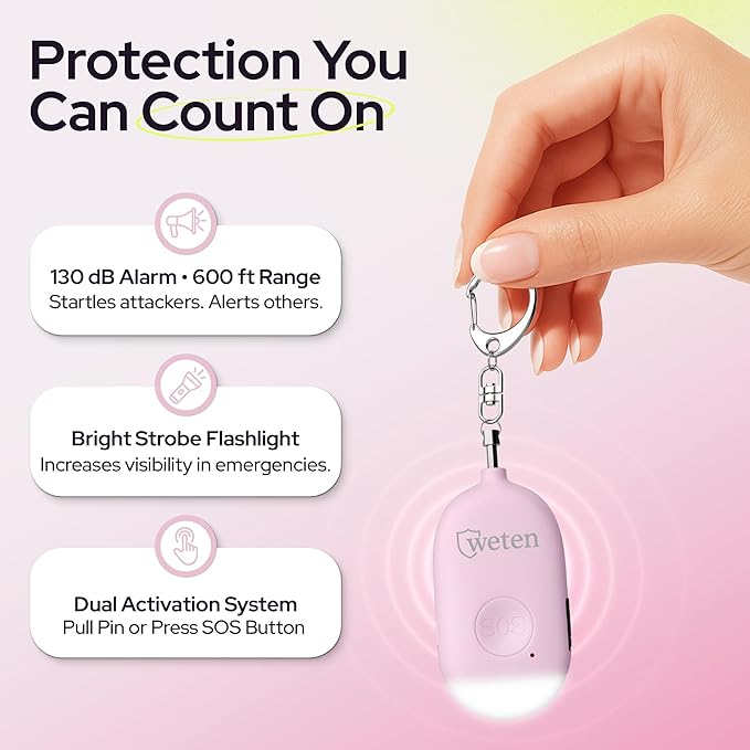 Weten Rechargeable Personal Alarm Keychain - 130dB Siren & LED Light - Stylish Personal Safety Alert for Women to Carry - Panic Button Alarm for Security - Rape Whistle for Self Defense (Pink)