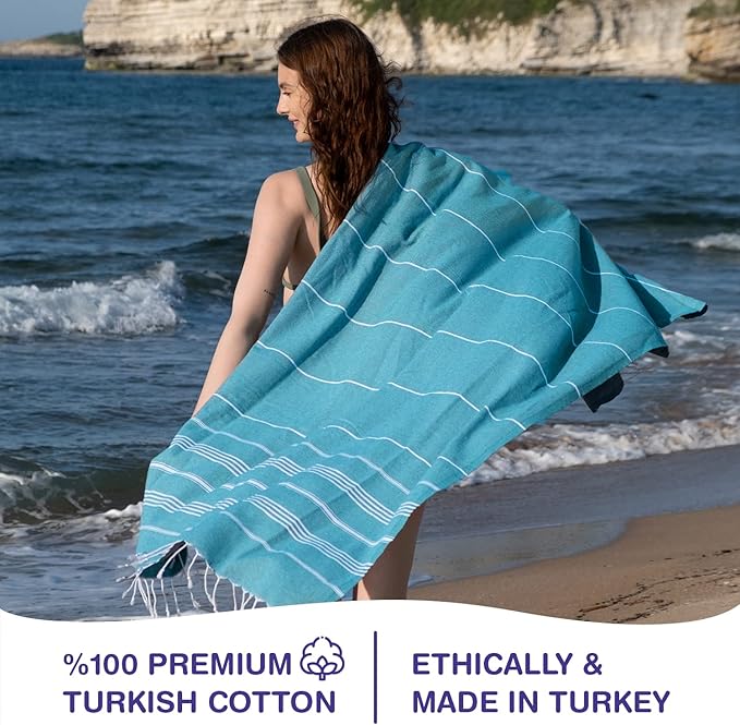 Turkish Beach Towels, Bulk Case of 36 | Oversized, Quick Dry, Sand Free | 100% Cotton, Large 38x71 Towels for Beach, Pool, Travel | Ultra-Soft, Compact, Absorbent | Teal