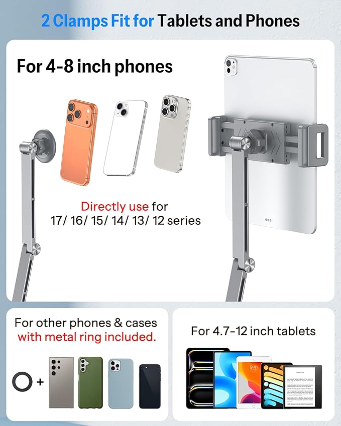 OMOTON Tablet Stand for iPad with 360° Rotation, GH04 Aluminum Alloy Long Arm Phone Mount with Magnetic Phone Head & Plastic Tablet Clamp, Adjustable Holder for 4-13" iPad Pro/iPhone, Grey