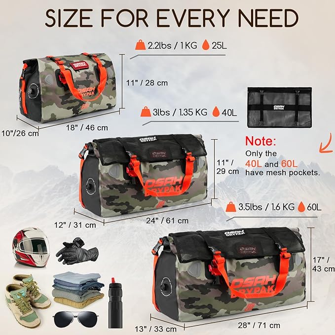 OSAH DRYPAK Waterproof Duffel Bag - Motorcycle Dry Bag Tail Bag with Large Storage Space, Waterproof Luggage Duffle Bags with Outer Mesh Zipper Pocket for Camping, Kayaking, Fishing & Traveling