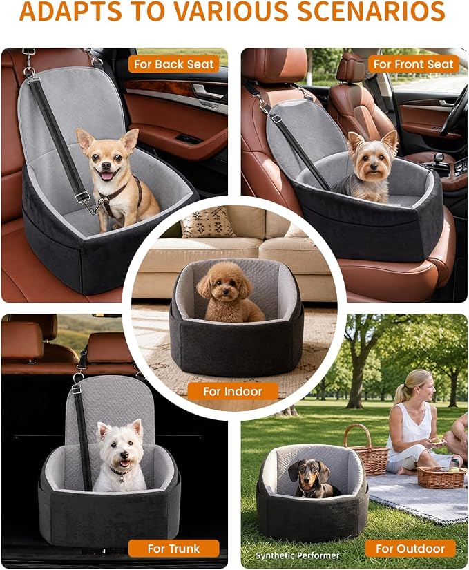 NUPIDA Dog Booster Car Seat with Extend Backrest for Small Medium Pet, Grey | Easy Install, Up to 30 lbs, Washable Removable Cover with zippper, Non-Slip Bottom, Large Storage Pockets, 2 Safety Leashes