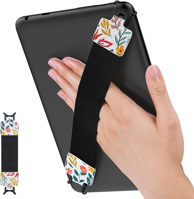 MoKo Security Hand-Strap for 9-11 Inch Tablet, iPad/IP-ad Pro/iPad Air/Kindle Fire HD/Samsung, High-Elasticity Versatile Hand Strap Lightweight Finger Grip Holder, Black Belt, Flowers