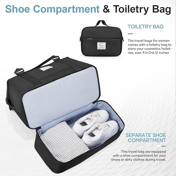 Overnight Weekender Bags for Women,Vacuum Travel Duffel Bag with Air Pump, Personal Item Travel Bag with Shoes Compartment & Compression Pocket,Black