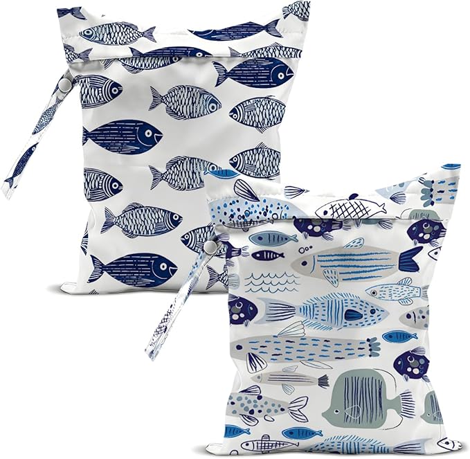 2 Pcs Cute Fish Wet Bags, Fish Gifts Wet Dry Bag Reusable Zipper Pouch for Swimsuit, Diapers, Pool, Beach, Travel, Dirty Yoga Gym Clothes, Toiletries, Makeup Bag Waterproof Birthday Beach Gift
