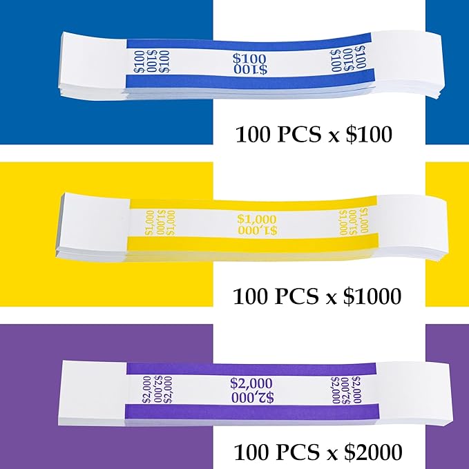L LIKED 300 PCS Currency Straps Money Bands, Self Sealing Money Bill Wrappers ($100, $1000, $2000)