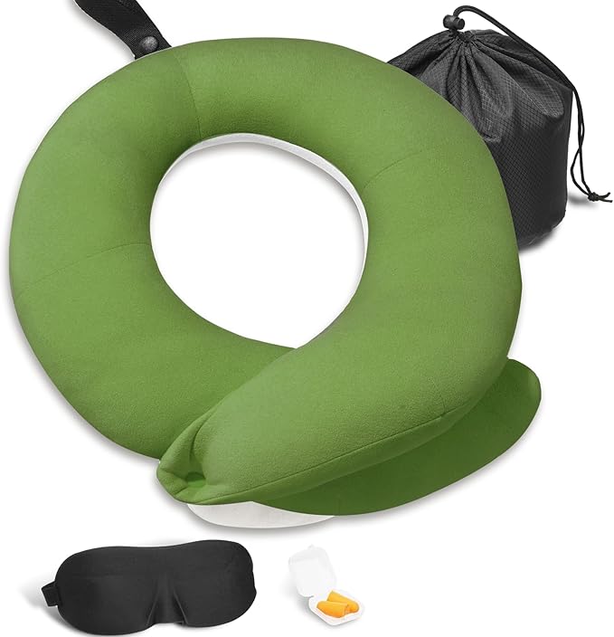 BUYUE Travel Neck Pillows for Airplanes, Memory Foam 360° Head Support Sleep for Long Flight, Skin-Friendly & Breathable, Kit with Eye Mask, Earplugs and Storage Bag (Adult, Green, 90+ lbs)