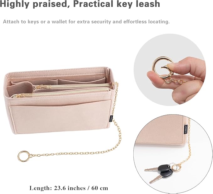 Purse Organizer Insert, Handbag Organizer with Zipper, Tote Shaper with Cup Holder & Keychain, Compatible with LV, Neverfull, MK, COACH, Longchamp, Kate Spade– Black-Sl. Med