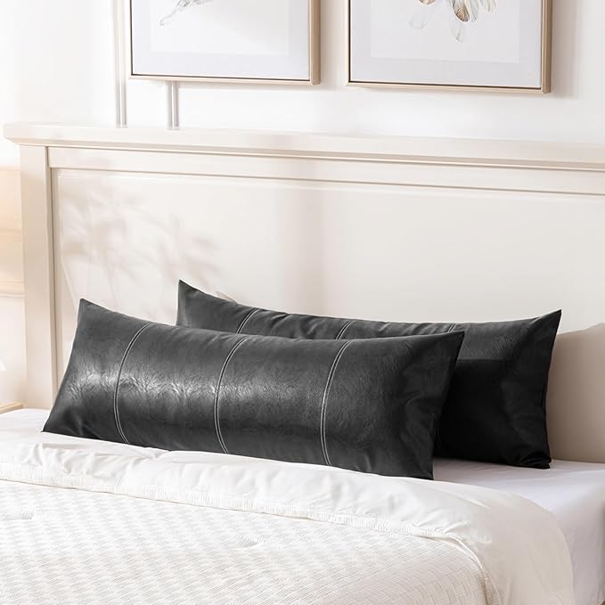 Fancy Homi Black Boho Long Lumbar Faux Leather Decorative Throw Pillow Covers 21x54 Inch for Living Room Couch Bed Sofa, Hand Stitched Rectangle Cushion Case, Rustic Modern Farmhouse Home Decor