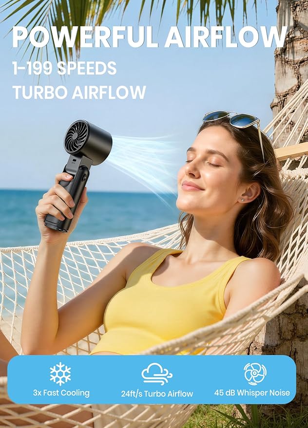 Portable Handheld Turbo Fan, 1-199 Speed Adjustable with LED Display, High-Power Motor, Rechargeable Battery, 4 IN 1 Pocket Design Mini Fans for Indoor/Outdoor/Travel/Work, Black