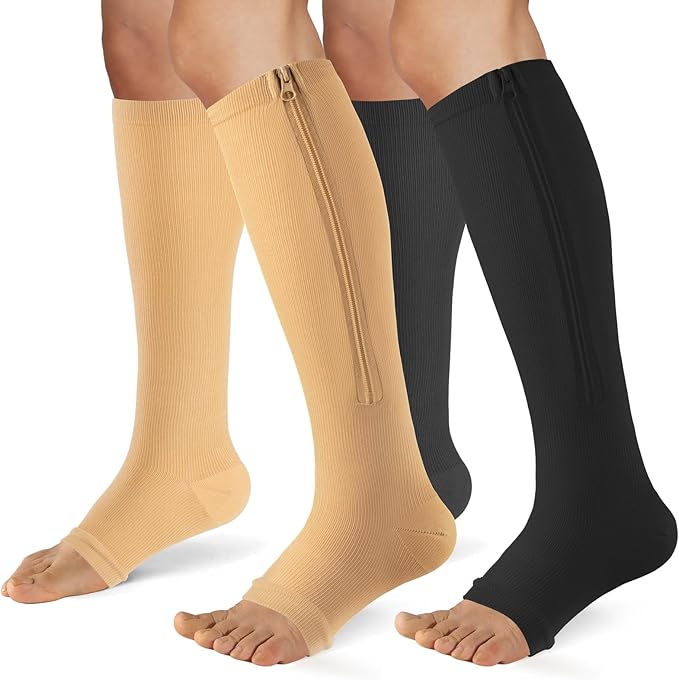 Zipper Compression Socks for Women & Men 2 Pairs，15-20mmhg Open Toe Compression Stockings for Nurse and Long Standing Crowd
