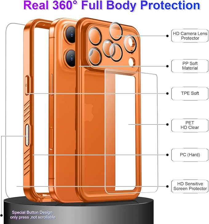 Compatible with iPhone 17 Pro Max Case,Waterproof Built-in Screen & Camera Protector IP68 Underwater Full Body 17FT Military Dropproof Shockproof Phone Case 6.9"-Orange/Clear