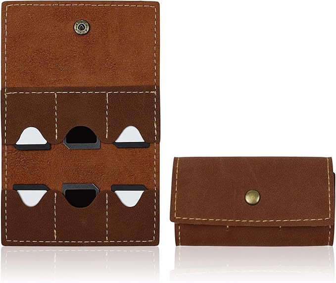 Memory Card Holder, Foldable Gaming SD Card Holder with Metal Snap Button and 6 Card Slots, Portable Retro Leather Guitar Pick Case for Travel or Daily Storage (Brown)