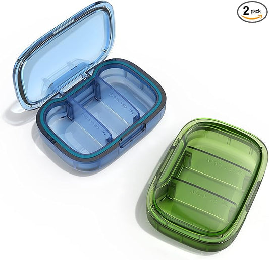 2 Pack 3 Compartment Small Pill Box, Moisture Proof Case, Travel Organizer for Pocket Purse, Daily Portable Medicine Vitamin Container, Fish Oil and Supplement Storage