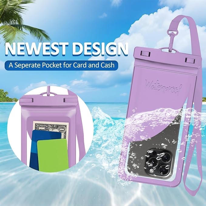 Waterproof Phone Pouch, with Interior Card Pocket, Large Waterproof Phone Case for iPhone 17 16 15 14 Pro Max, IPX8 Lightweight Phone Dry Bag, Beach Cruise Ship Essential,2 Pc-Blue+Purple-8.3″
