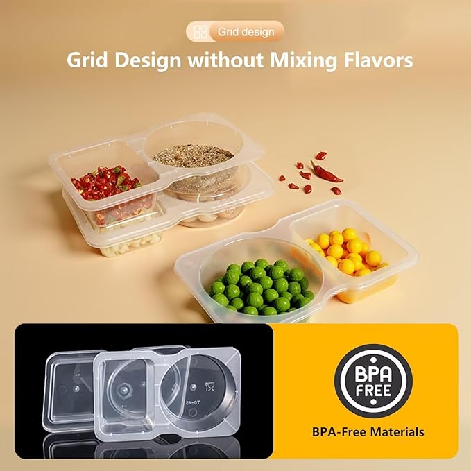 15pcs Reusable Snack Containers with Lids,2025 New 2 Compartment Plastic Containers for Pack Snacks,Leakproof Double Compartment Condiment Pack for Meal Prep, Portion Control,On-the-Go School Travel