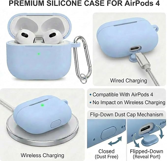for Airpods 4th Case Cover, Come with Cleaner Kit,Soft Skin Silicone Case Cover with Keychain, Full Protective Case for Men and Women, Compatible with AirPods 4th Generation Case,Sky Blue