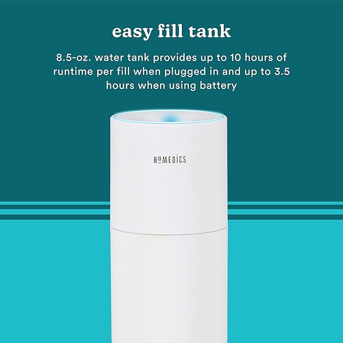 Homedics Portable Humidifier - Small Air Humidifiers for Bedroom, Plants, Office, Travel - Cool Mist Humidifiers, Color-Changing Accent Light, 2 Mist Settings, Matte White