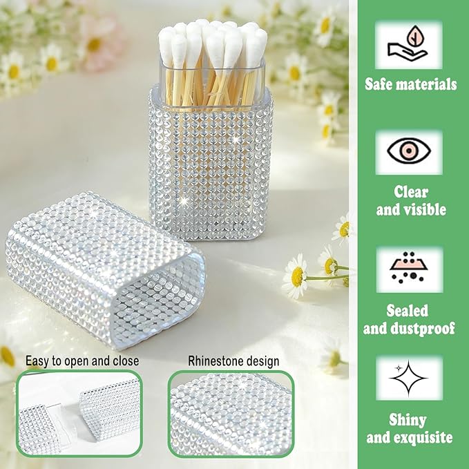 Cotton Swab Holder for Travel, 2 Pcs Portable Small Dental Floss Holder Sparkling Rhinestone Cotton Pad Holder, Travel Floss Picks Case with Dustproof Lid for Cotton Bud Floss, White