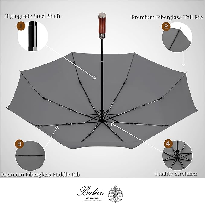 Balios (Designed in UK) Travel Umbrella Luxurious Golden Hardwood Handle Auto Open & Close Windproof Frame Single Canopy Automatic Folding Umbrella Men's & Ladies