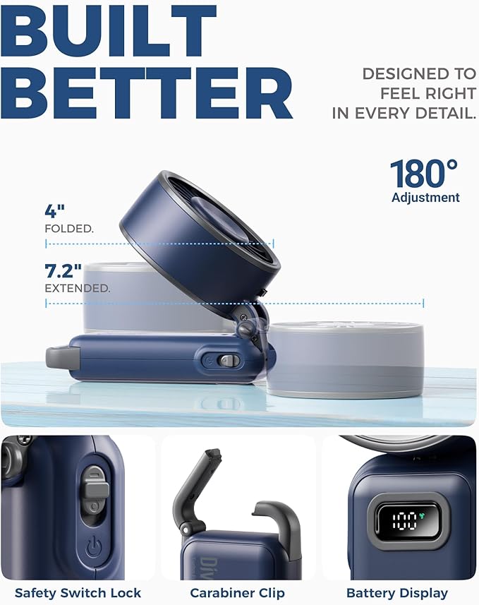 Diveblues Portable Handheld Fan, 7.4m/s High Speed Turbo Fan, 180° Foldable 4-in-1 Personal Neck Fan Integrated Carabiner Clip, 100 Speed Stepless Control, USB-C Rechargeable, 12H Battery, Fanzy D6036