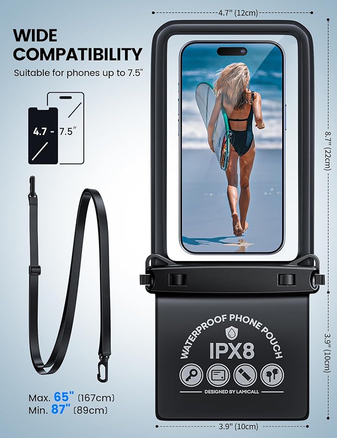 Lamicall Double Pocket Waterproof Phone Pouch - IPX8 Dry Bag - Privacy Storage for Card & Key - Cruise Ship, Beach Essentials for iPhone 17 16 15 14 13 Pro Max, Galaxy S25, for Bulky Cases up to 7.5"