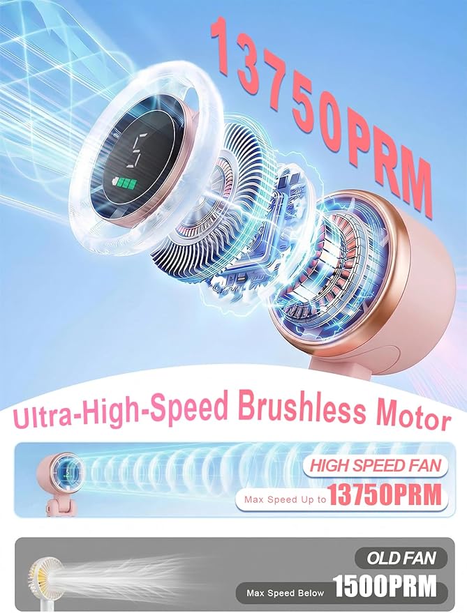 Portable Handheld Turbo Fan, 5 Gear Wind, Battery Operated, Up to 13 Working Hours Rechargeable Fan, 3 IN 1 Hand Fans with Air Turbo Tech Cooling Fan for for Travel, Beach, Outdoor - Pink