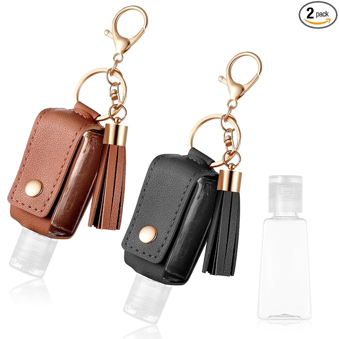 2Pcs Portable Leather Hand Sanitizer Holder, Travel Size Keychain Case Refillable Bottle for Toiletry Lotion Liquid Soap Shampoo (Black, Brown)