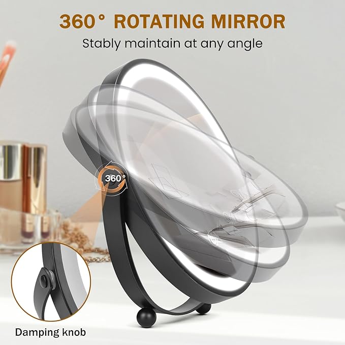Vanity Mirror with Lights, 8" LED Makeup Mirror Built-in 1500mAH Lithium Battery, HD Professional Mirror, Smart Touch with 3-Color Lighting, Dimmable, Lighted Up for Makeup Desk, Travel (Black)