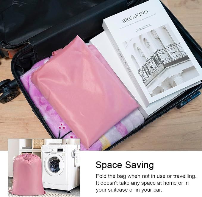 Polecasa Extra Heavy-Duty Laundry Bag 28x36”- Machine Washable Large Storage Bag with Reinforced Handles & Drawstring Closure & ID Tag for College Dorm Travel - Pink