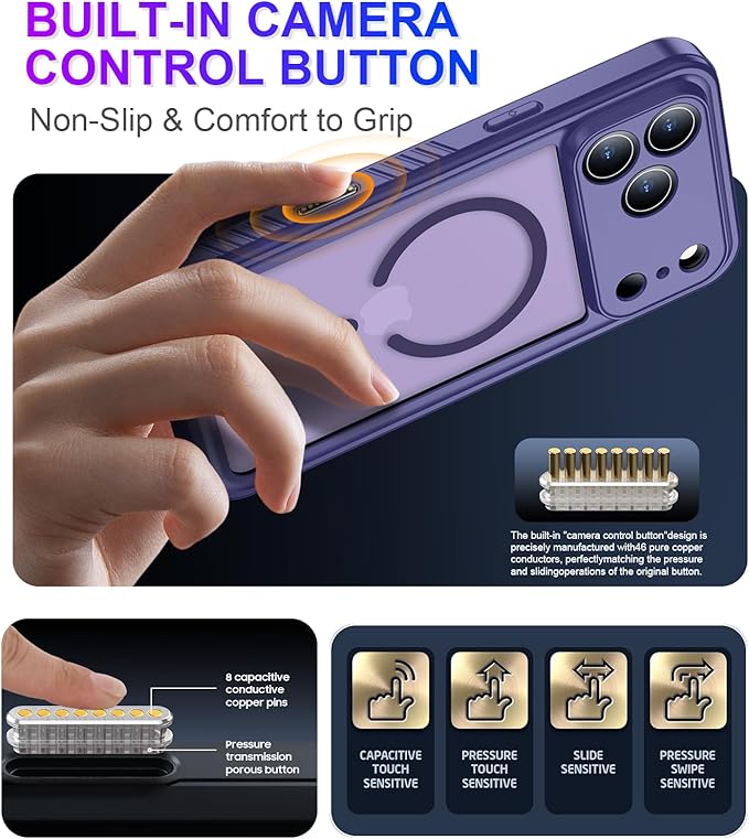 Magnetic Compatible with iPhone 17 Pro Max Case,Waterproof Built-in Screen & Camera Protector IP68 Underwater Full Body Military Dropproof Translucent Matte Phone Case 6.9"-Mag/Purple